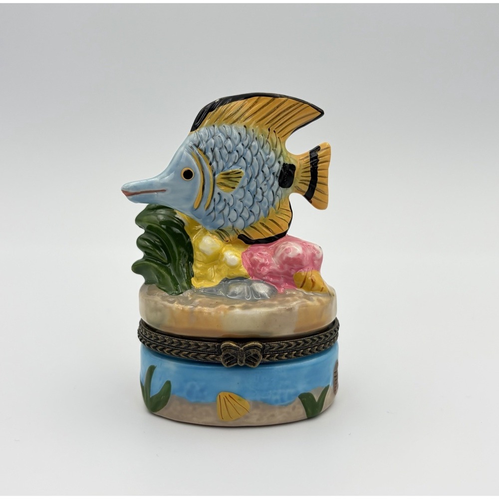 Vintage Porcelain Hinged Trinket Box Tropical Angelfish Ocean Coral Sea 3.25"